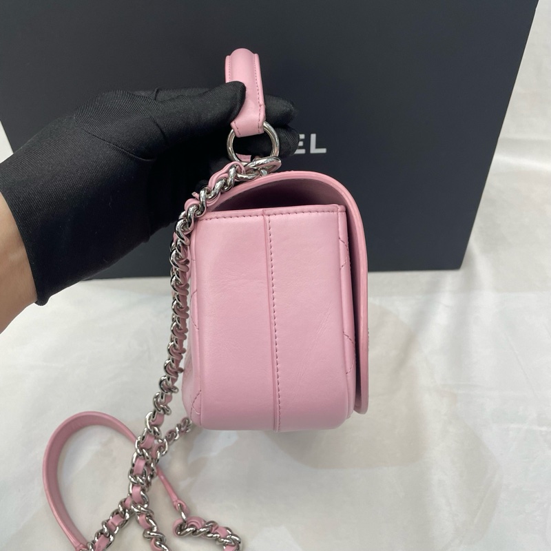 Chanel香奈兒 粉色翻蓋手柄郵差包 23開有卡-4