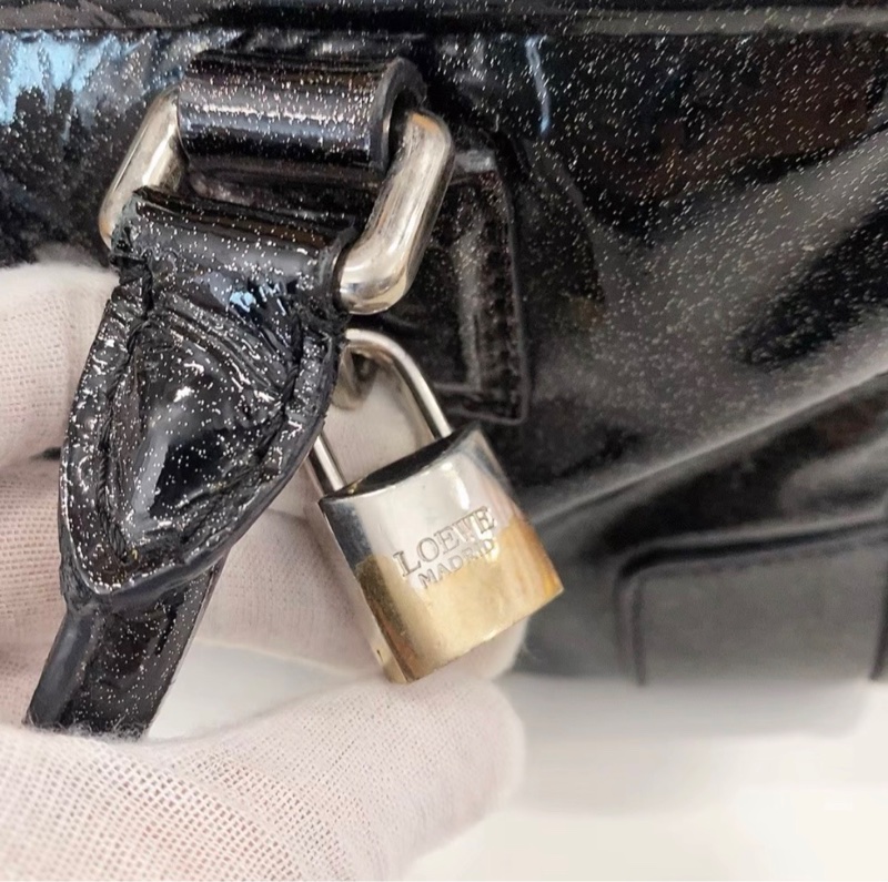 LOEWE amazone羅意威亞馬遜黑色漆皮波士頓手提包小號-3