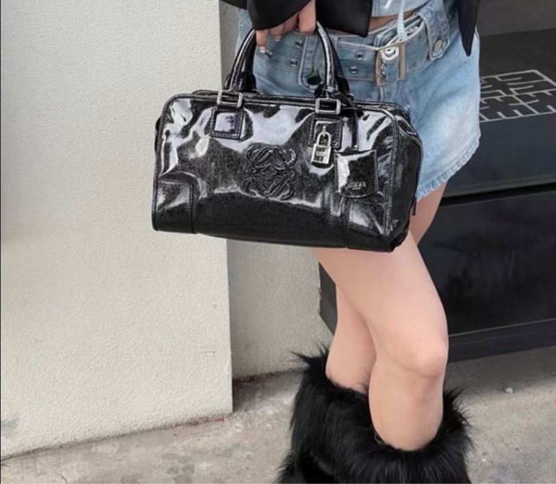 LOEWE amazone羅意威亞馬遜黑色漆皮波士頓手提包小號-5