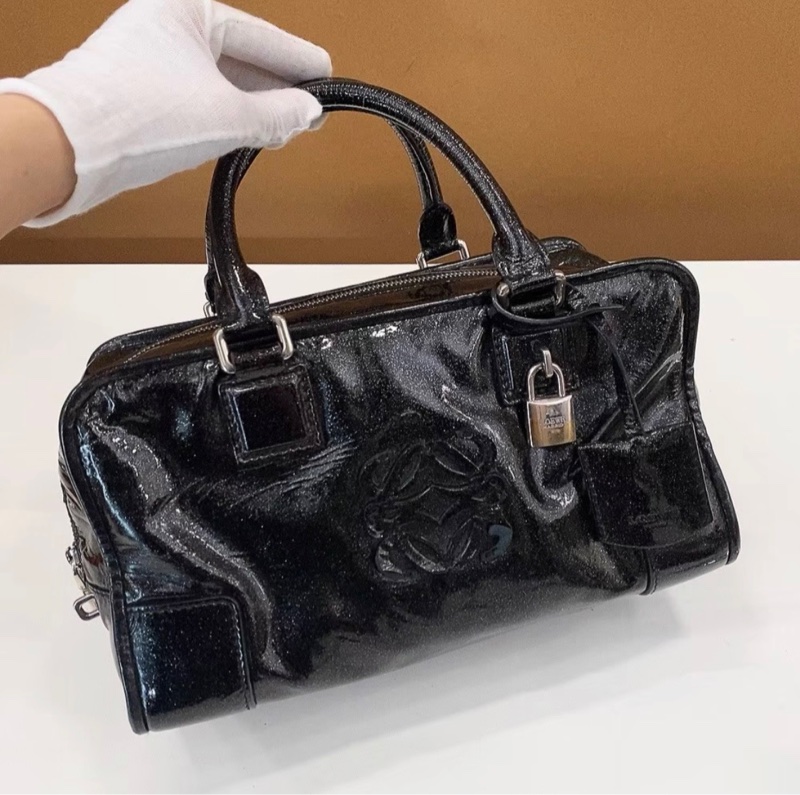 LOEWE amazone羅意威亞馬遜黑色漆皮波士頓手提包小號-8