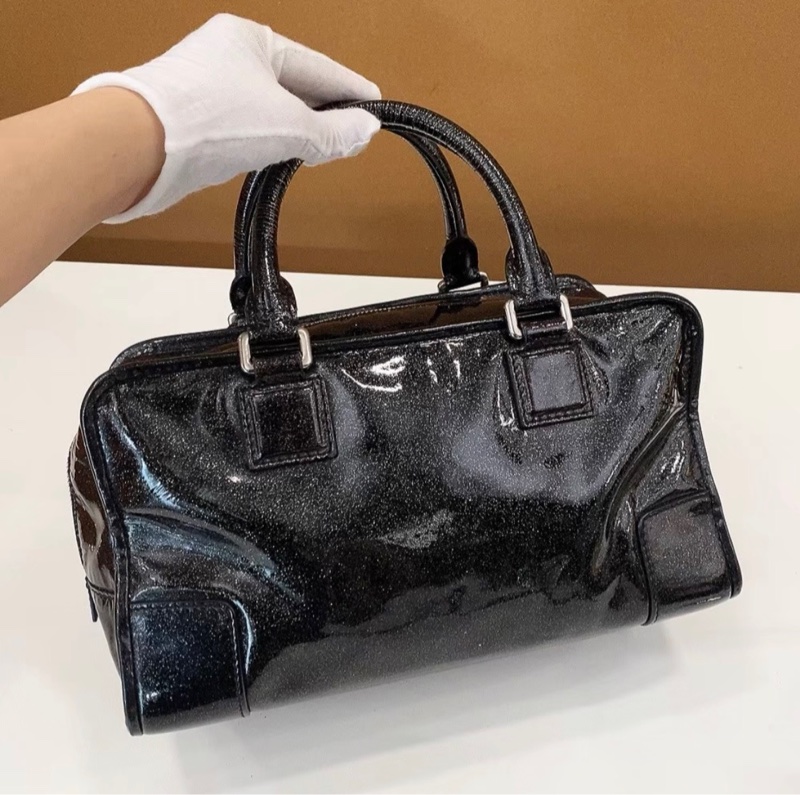 LOEWE amazone羅意威亞馬遜黑色漆皮波士頓手提包小號-9