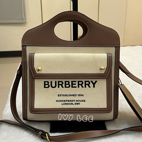 BURBERRY Pocket 80393611 雙色帆布皮革 斜背包 肩背包 正品 二手精品