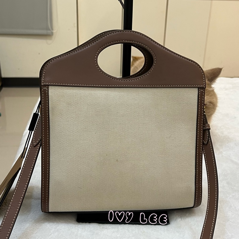 BURBERRY Pocket 80393611 雙色帆布皮革 斜背包 肩背包 正品 二手精品-1