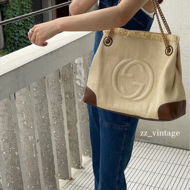 Gucci • 草編拼皮Soho流蘇拖特包-1