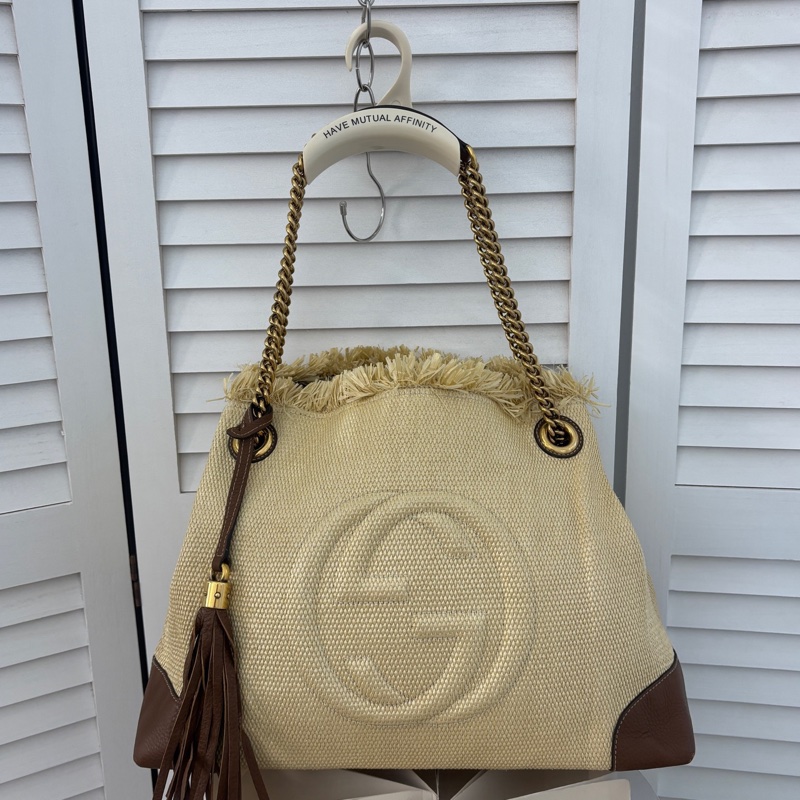 Gucci • 草編拼皮Soho流蘇拖特包-2