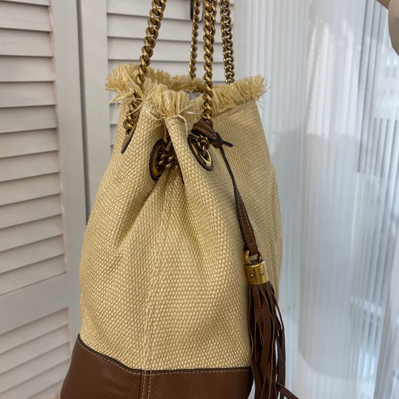 Gucci • 草編拼皮Soho流蘇拖特包-3