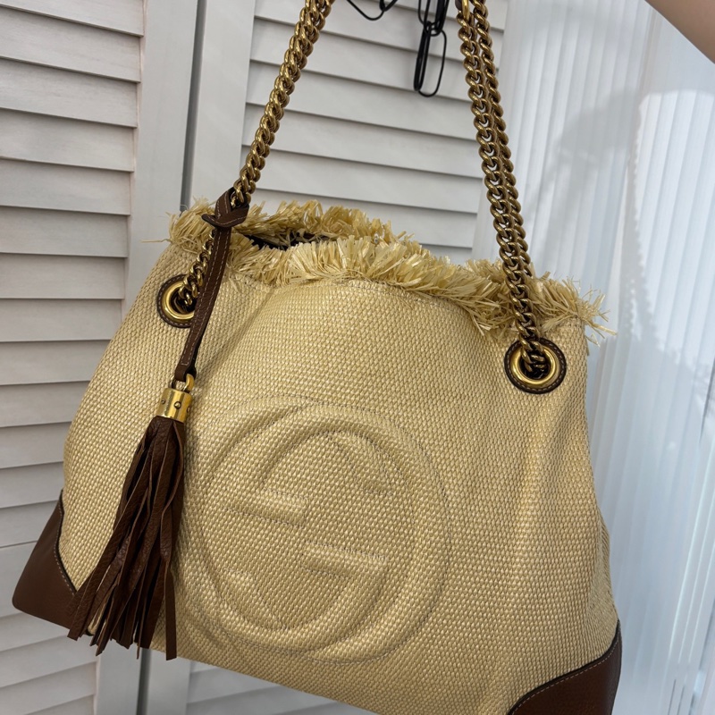 Gucci • 草編拼皮Soho流蘇拖特包-4
