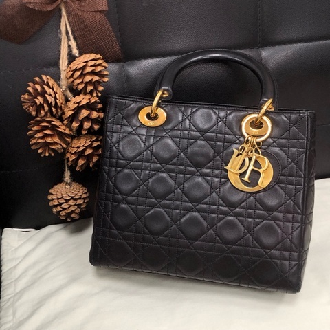 Dior • Lady Dior 經典黑金羊皮五格戴妃包
