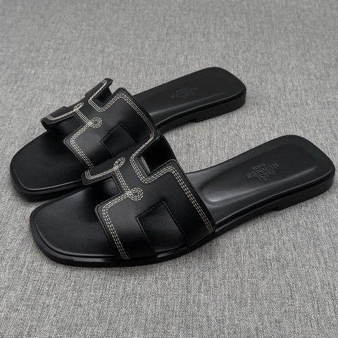 Hermes Oran H拖鞋 黑色牛皮 37碼