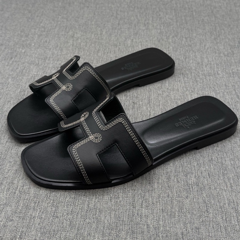 Hermes Oran H拖鞋 黑色牛皮 37碼-0