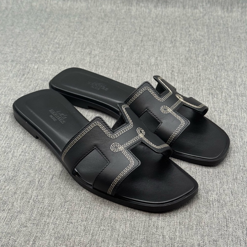 Hermes Oran H拖鞋 黑色牛皮 37碼-1