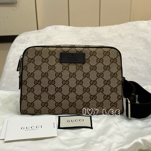 GUCCI 449174 GG LOGO 烏木咖色 咖啡 字紋 緹花 腰包 胸口包 斜背包 正品 二手精品