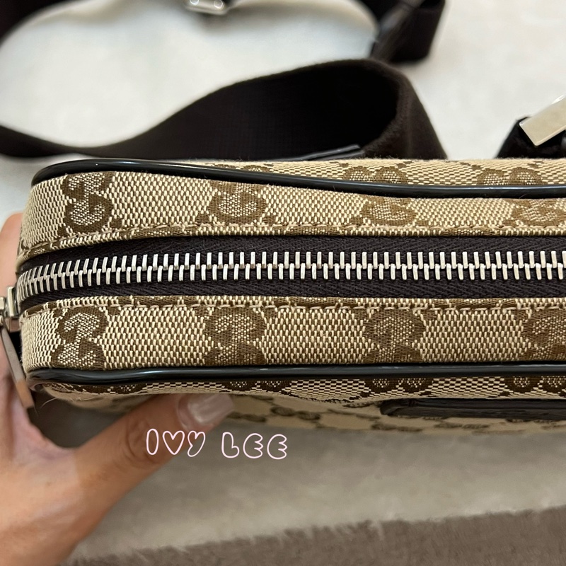 GUCCI 449174 GG LOGO 烏木咖色 咖啡 字紋 緹花 腰包 胸口包 斜背包 正品 二手精品-22