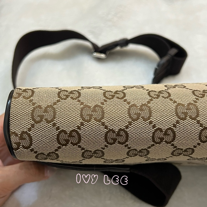 GUCCI 449174 GG LOGO 烏木咖色 咖啡 字紋 緹花 腰包 胸口包 斜背包 正品 二手精品-24