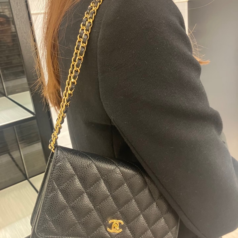 「M.Y精品」小香 C_hanel WOC 旋轉書包釦 鏈袋包 荔枝牛皮 黑金-4
