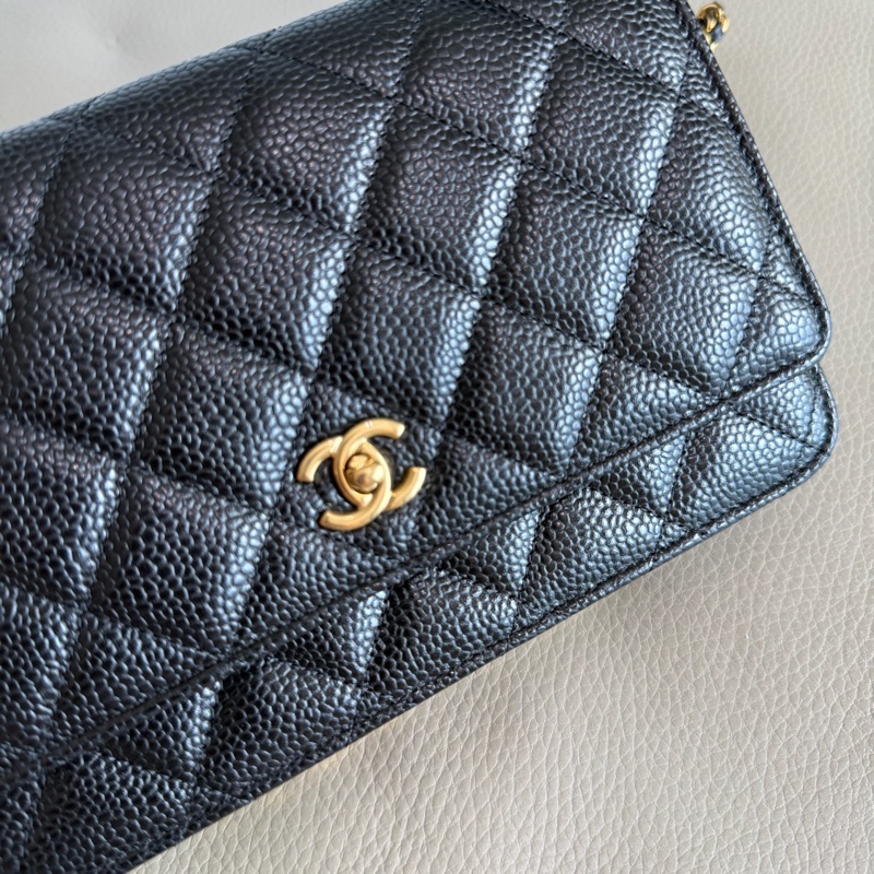 「M.Y精品」小香 C_hanel WOC 旋轉書包釦 鏈袋包 荔枝牛皮 黑金-17