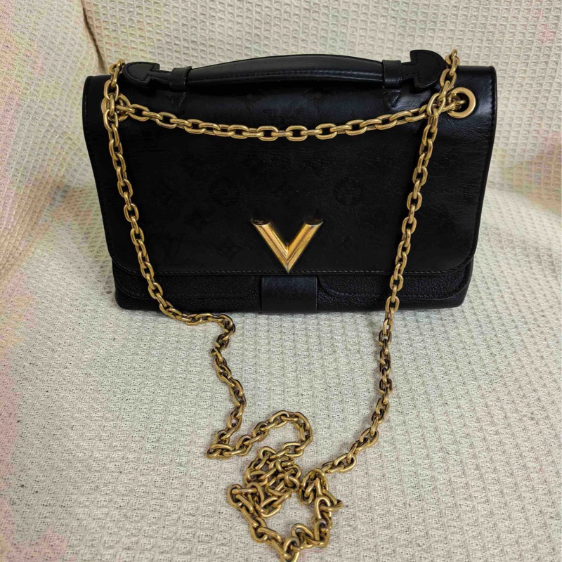 95新️Louis Vuitton/路易威登Very Chain全皮黑金鍊條斜挎包-0