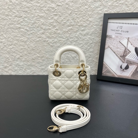 Dior迪奧lady戴妃超mini小三格白色羊皮金扣 手提包