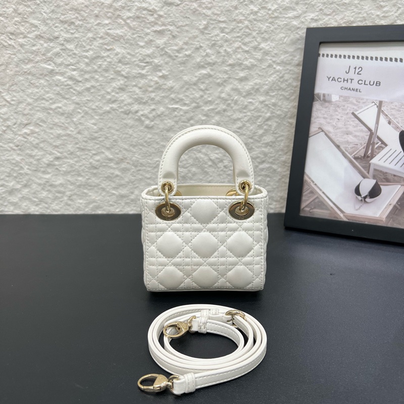 Dior迪奧lady戴妃超mini小三格白色羊皮金扣 手提包-1