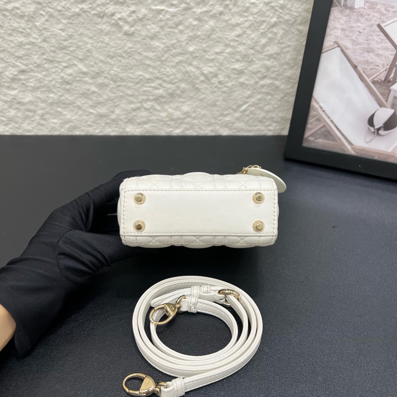 Dior迪奧lady戴妃超mini小三格白色羊皮金扣 手提包-4
