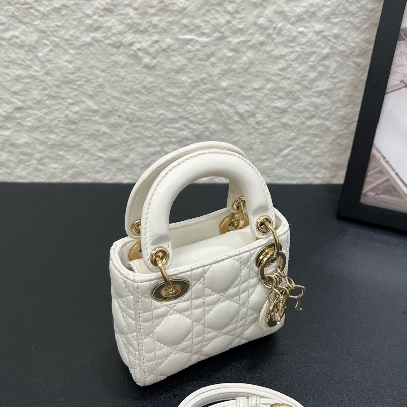 Dior迪奧lady戴妃超mini小三格白色羊皮金扣 手提包-5