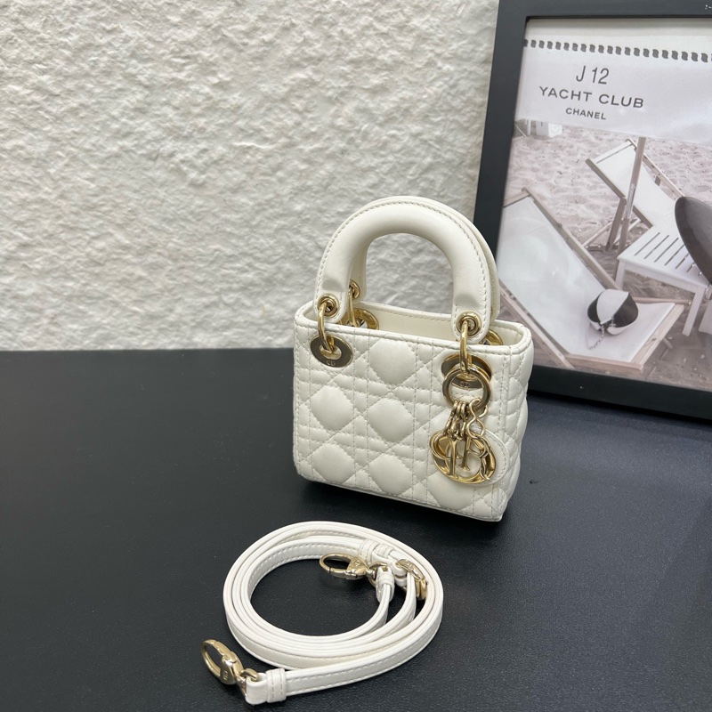 Dior迪奧lady戴妃超mini小三格白色羊皮金扣 手提包-7