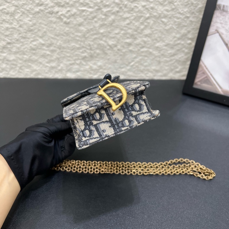 Dior迪奧Saddle老花竪版馬鞍鏈條手機包 藍色 Oblique-4