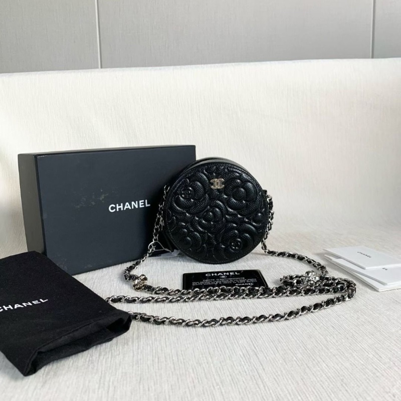Chanel 黑銀山茶花圓餅包 黑色銀扣 荔枝皮 12*12*5 95新 配件 盒子 塵袋 說明書 保卡-1