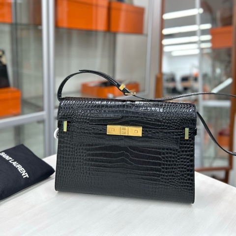 【全新品】YSL 黑金鰐魚壓紋 中號曼哈頓 21年編碼 五金膜在 肩背包