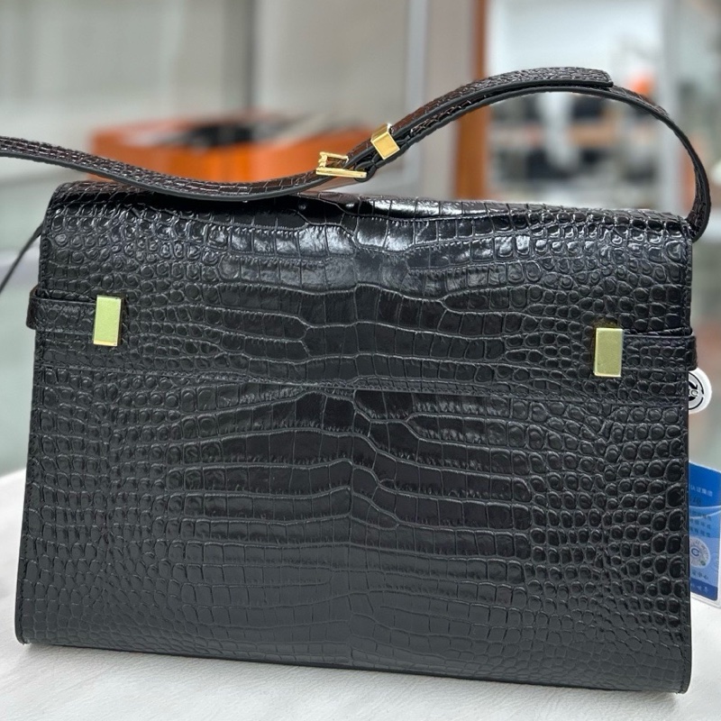 【全新品】YSL 黑金鰐魚壓紋 中號曼哈頓 21年編碼 五金膜在 肩背包-1