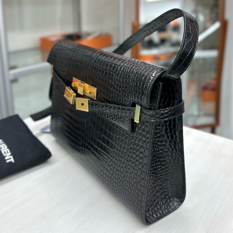 【全新品】YSL 黑金鰐魚壓紋 中號曼哈頓 21年編碼 五金膜在 肩背包-2