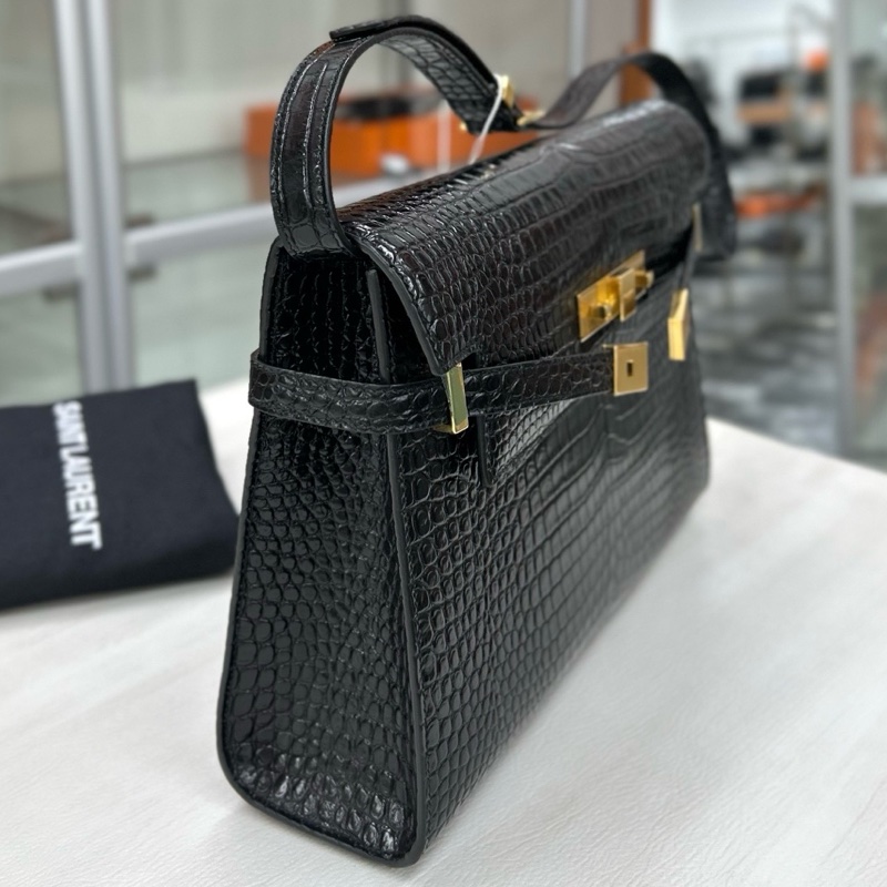 【全新品】YSL 黑金鰐魚壓紋 中號曼哈頓 21年編碼 五金膜在 肩背包-3