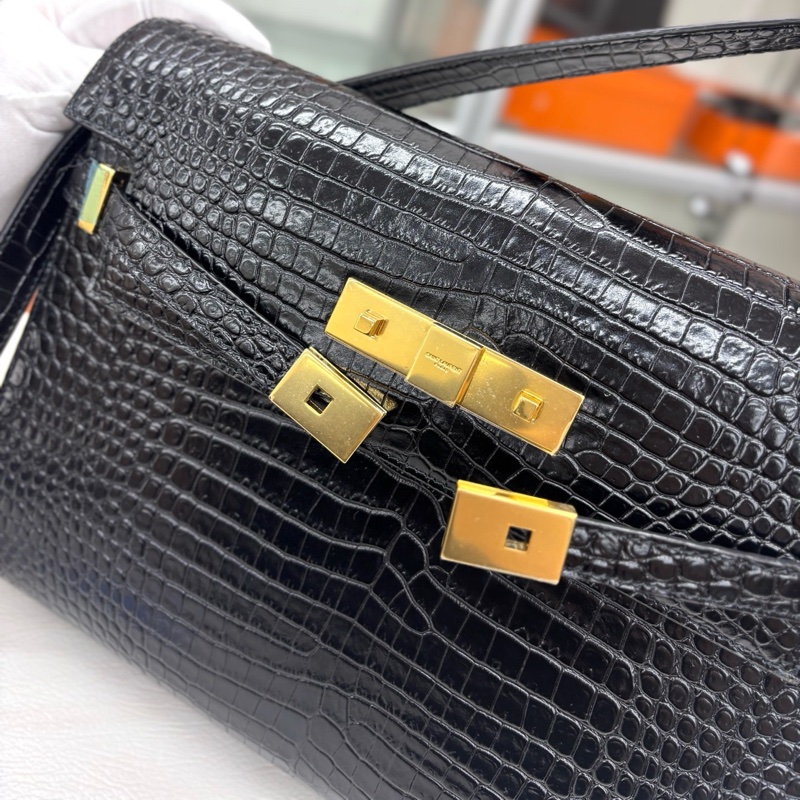 【全新品】YSL 黑金鰐魚壓紋 中號曼哈頓 21年編碼 五金膜在 肩背包-4