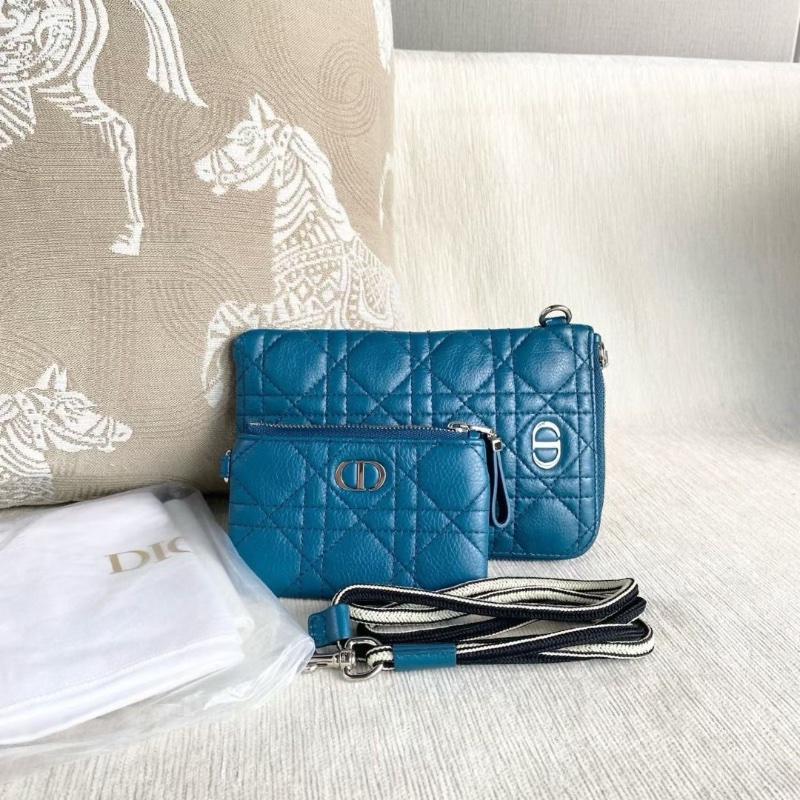 Dior caro二合一多功能斜背包孔雀藍 羊皮 大包11*19*1 小:12*8*1 9新 配件子包 肩帶 塵袋-1