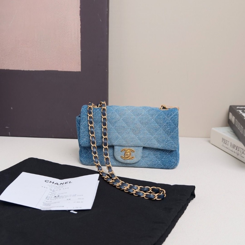 CHANEL 漸變牛仔藍金扣大mini肩背斜背包20*12*7 95新 配件塵袋 購證-1
