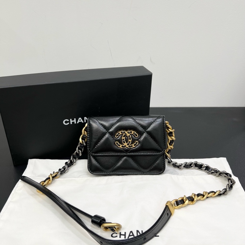 Chanel香奈兒22A 菱格紋羊皮黑色金扣19bag mini鏈條包單肩斜挎包-0