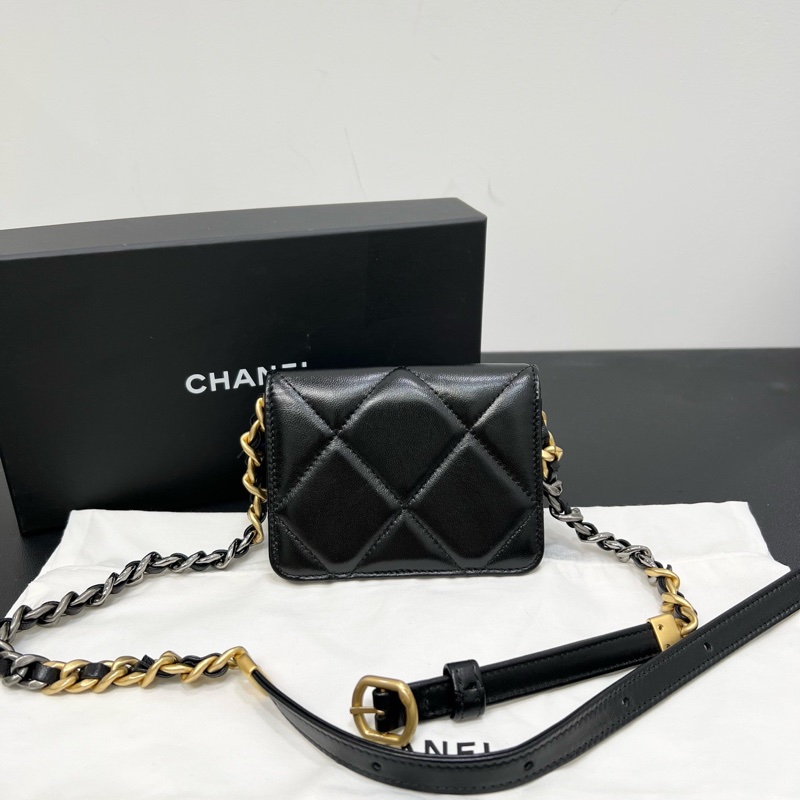 Chanel香奈兒22A 菱格紋羊皮黑色金扣19bag mini鏈條包單肩斜挎包-1