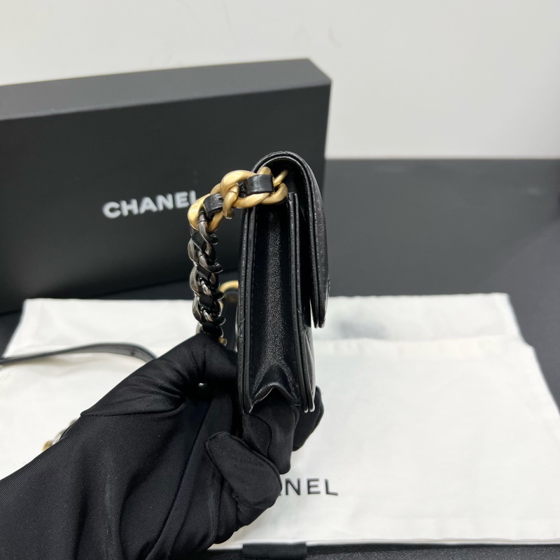 Chanel香奈兒22A 菱格紋羊皮黑色金扣19bag mini鏈條包單肩斜挎包-2