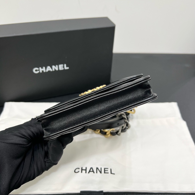 Chanel香奈兒22A 菱格紋羊皮黑色金扣19bag mini鏈條包單肩斜挎包-4