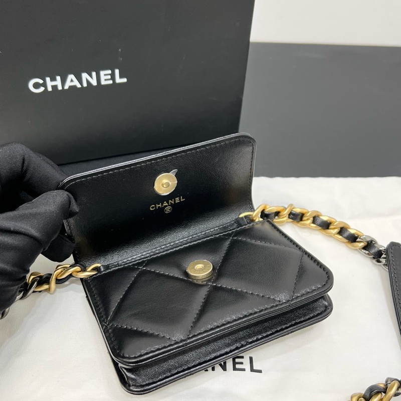 Chanel香奈兒22A 菱格紋羊皮黑色金扣19bag mini鏈條包單肩斜挎包-5