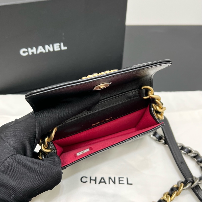 Chanel香奈兒22A 菱格紋羊皮黑色金扣19bag mini鏈條包單肩斜挎包-6