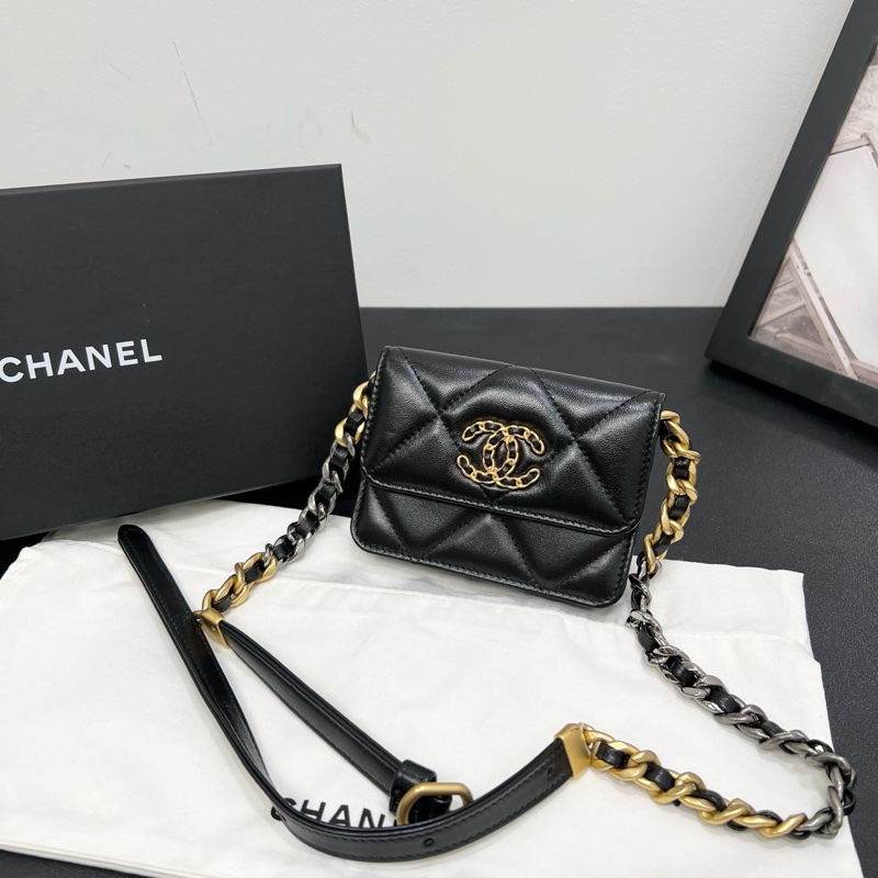 Chanel香奈兒22A 菱格紋羊皮黑色金扣19bag mini鏈條包單肩斜挎包-7