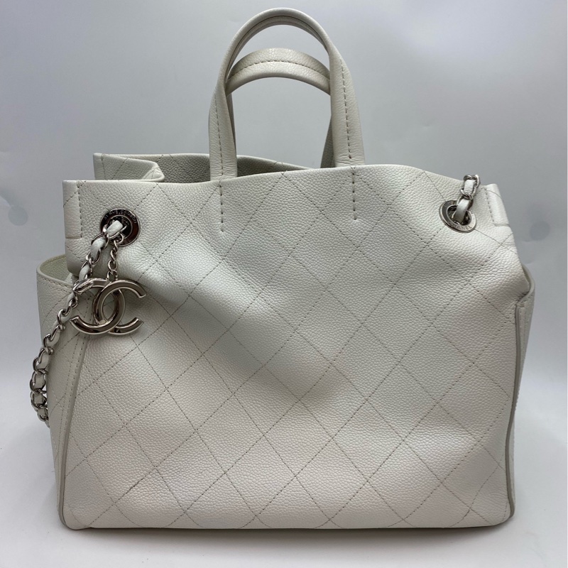 98新 19開 Chanel/香奈兒 白色荔枝紋牛皮托特包-0