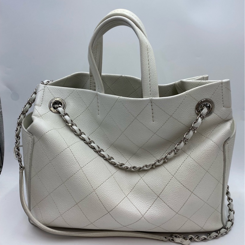98新 19開 Chanel/香奈兒 白色荔枝紋牛皮托特包-1