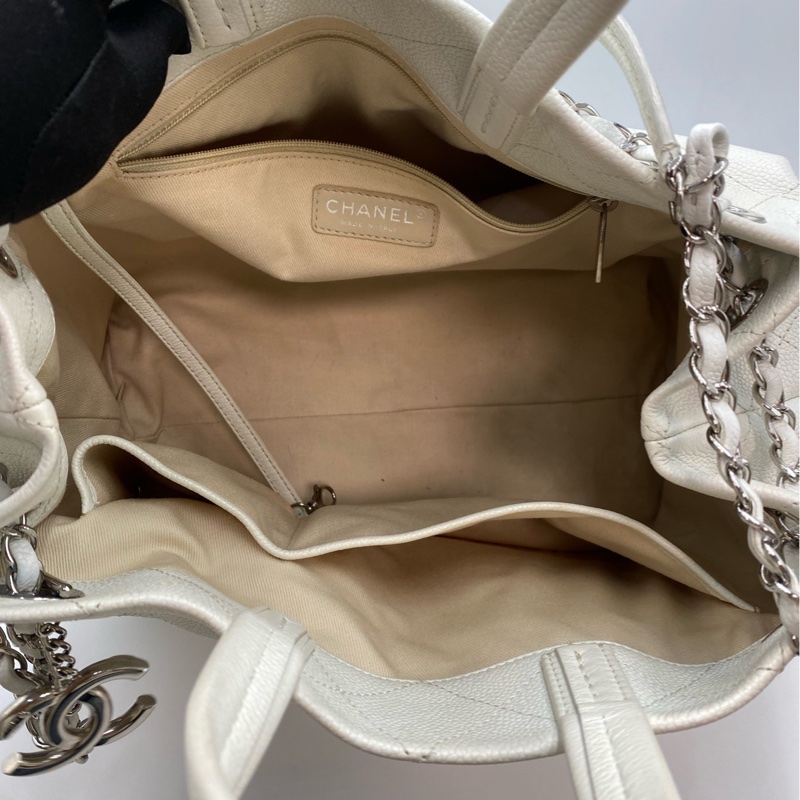98新 19開 Chanel/香奈兒 白色荔枝紋牛皮托特包-6