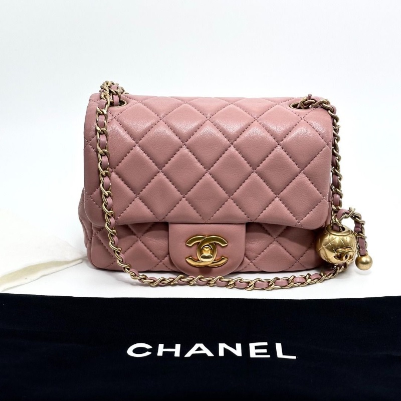 CHANEL 乾枯玫瑰粉金金球方胖子肩背斜背包17*12*7 9新 配件塵袋-1