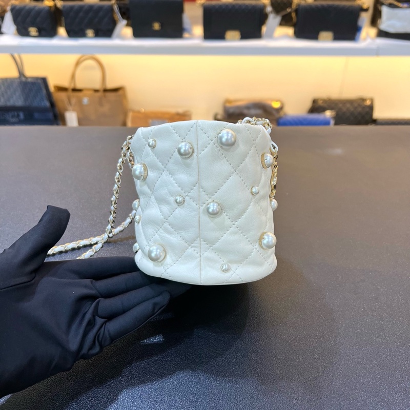 98新Chanel香奈兒21ss mini 珍珠抽繩水桶鏈條包單肩斜挎包-2