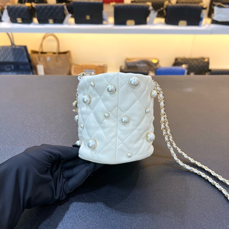 98新Chanel香奈兒21ss mini 珍珠抽繩水桶鏈條包單肩斜挎包-3