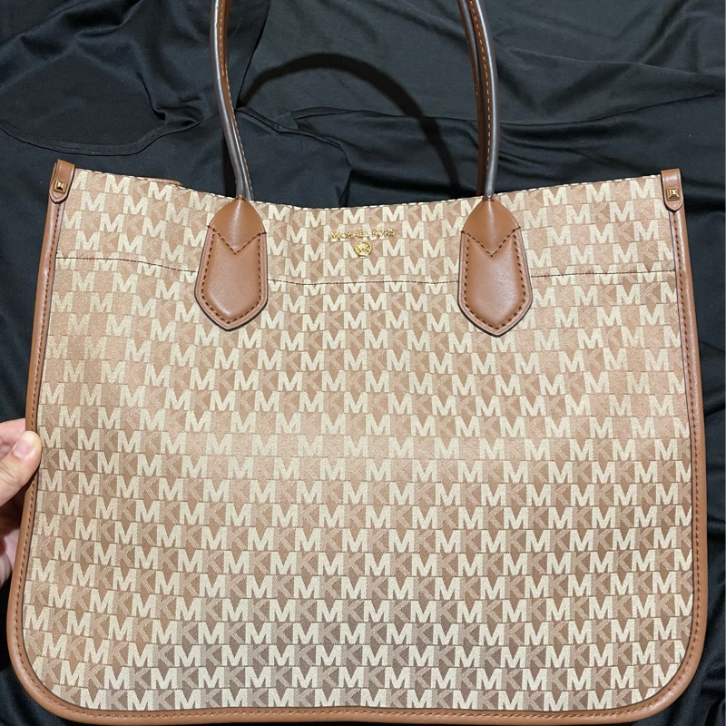 MICHAEL KORS Tote金釦滿版老花棕大托特包MK(39x15x31)-7