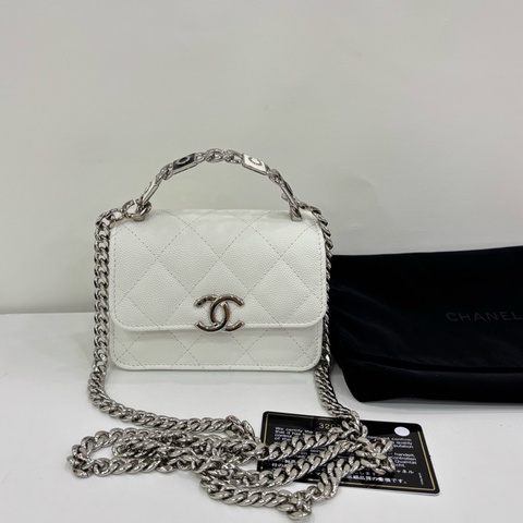Chanel 香奈兒 Kelly白金銀琺瑯手柄mini絕美荔枝皮白銀手提包 32開有卡有塵袋